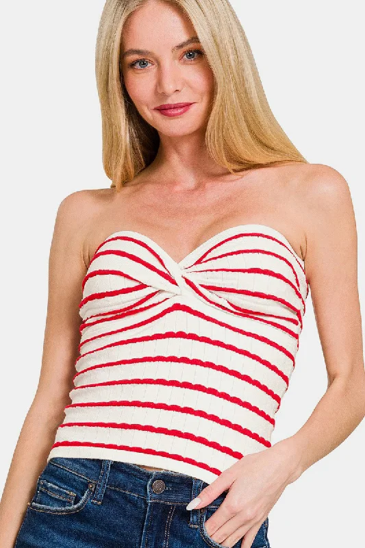 Effortless Wear Zenana Twisted Sweetheart Neck Striped Tube Top