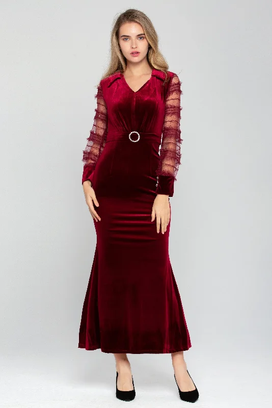 Cozy Fitting Rich Red Velvet Sheer Ruffle Sleeve Maxi Dress