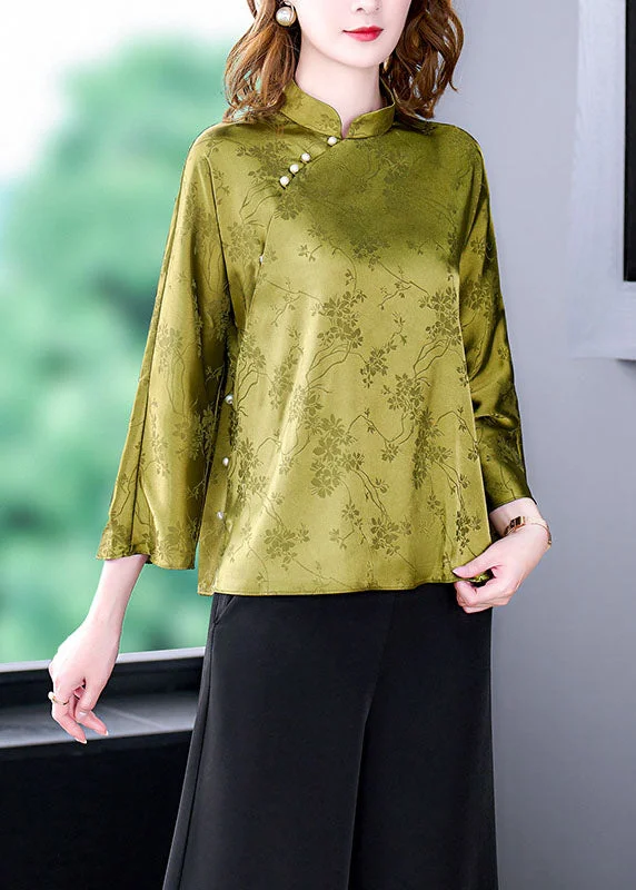 Simple Comfort Loose Yellow Green Mandarin Collar Oriental Button Jacquard Silk Top Summer Simple Comfort Loose Yellow Green Mandarin Collar Oriental Button Jacquard Silk Top Summer