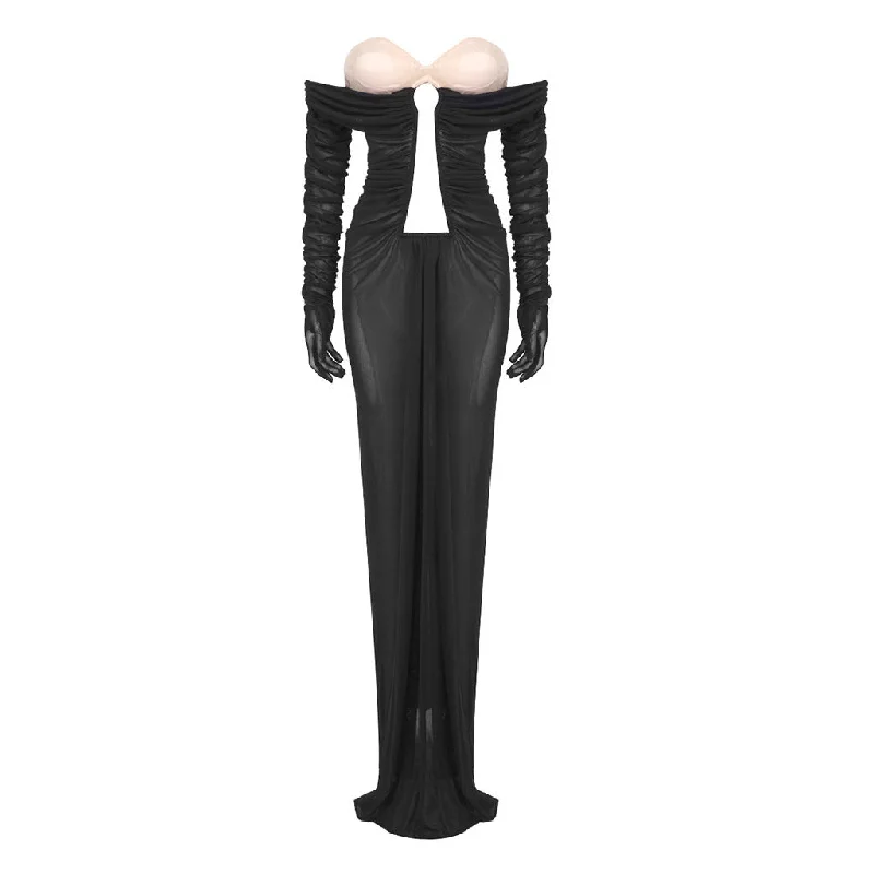 Easy Chic Sexy Bustier Off Shoulder Cutout Draped Ruched Mesh Sheer Maxi Dress