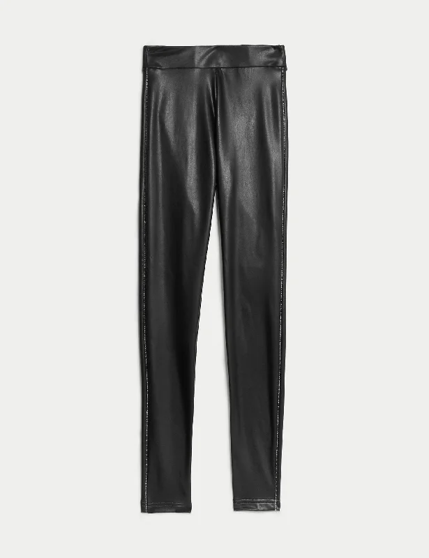 Versatile Style Leather Look Sparkly Side Stripe Leggings