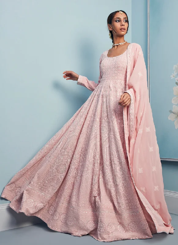 Chic Outfits Blush Pink Thread Embroidered Anarkali