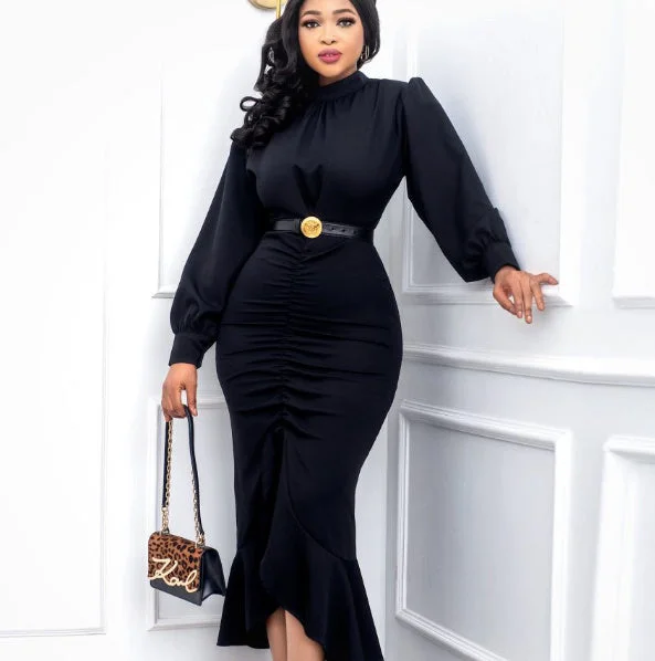 Easy Chic Elegantly Right Balloon Sleeve Fishtail Hem Dress