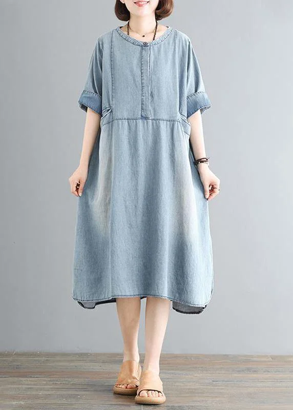 Comfy Chic Women Cotton Wardrobes 18th Century Vintage Pure Color Loose Denim Midi Dress Comfy Chic Women Cotton Wardrobes 18th Century Vintage Pure Color Loose Denim Midi Dress