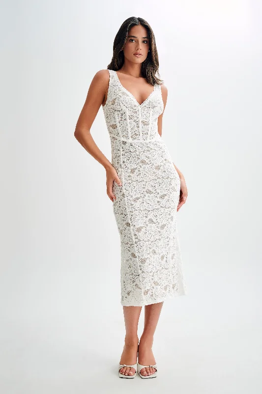 Everyday Style Doria Lace Plisse Midi Dress - Ivory