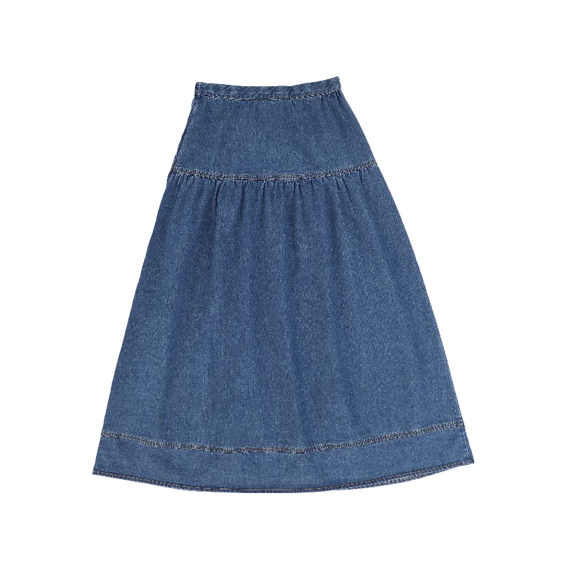 Easy Comfort Style C-17417-Waisted Denim Maxi Skirt -Denim