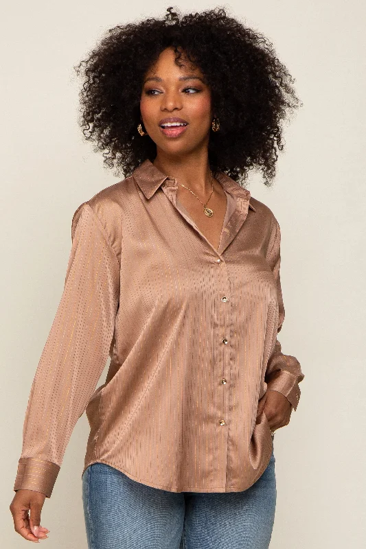 Trendy Casuals Camel Metallic Stripe Satin Long Sleeve Blouse