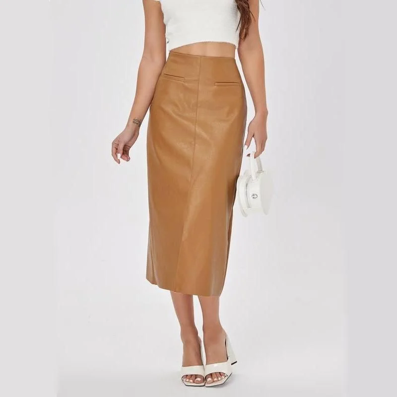 Warm Wear Elegant High-Waist Faux Leather Straight Skirt