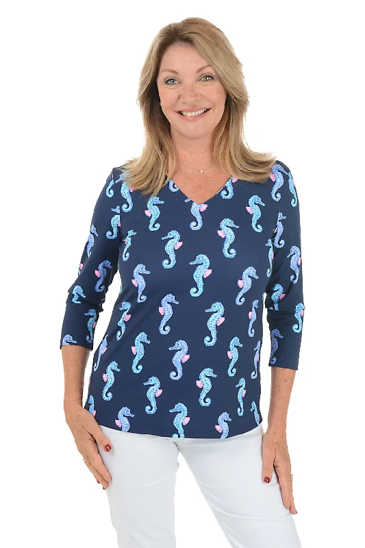 Casual Chic Wear Navy Seahorses UPF50+ V-Neck Top