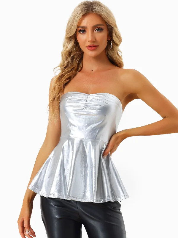 Comfortable Jeans Strapless Tube Top Shiny Metallic Party Clubwear Peplum Blouse