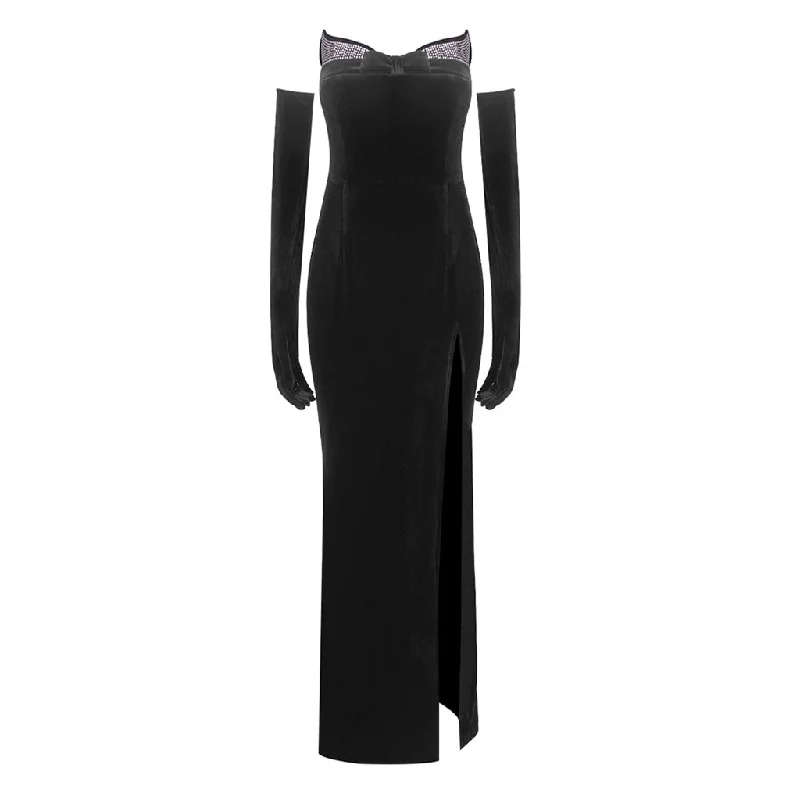 Modern Chic Opulent Crystal Bow Trim Strapless Opera Glove Split Velvet Maxi Fishtail Dress Modern Chic Opulent Crystal Bow Trim Strapless Opera Glove Split Velvet Maxi Fishtail Dress