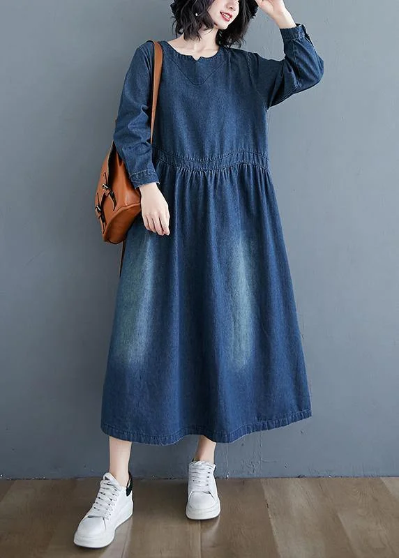Elegant Wear Chic O Neck Cinched Spring Tunic Wardrobes Denim Blue Art Dresses