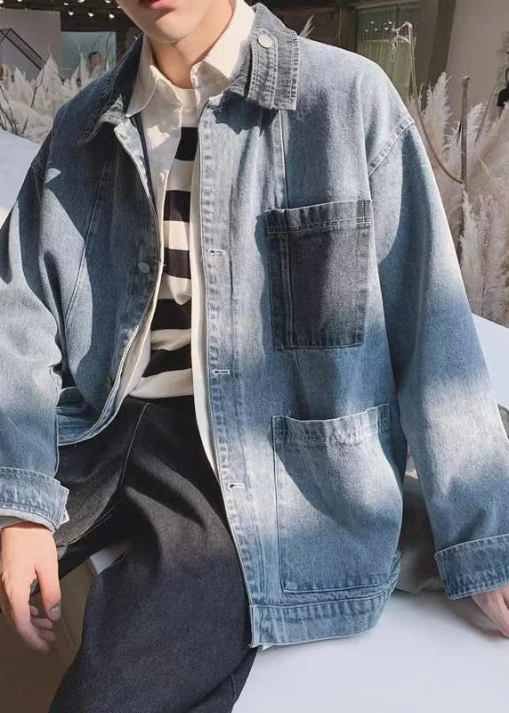 Comfortable Dresses New Blue Button Pockets Denim Mens Coats Spring
