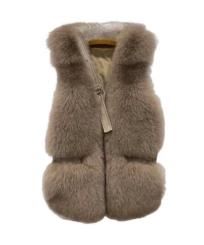 Comfy Pants Genuine Striped Paneled Fox Fur Vest Gilet In Brown