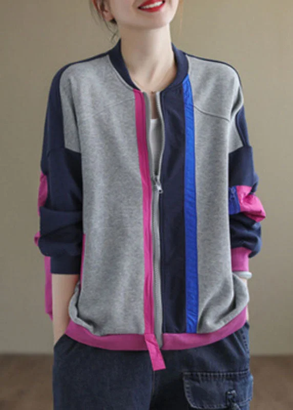 Elegant Dressing Loose Rose Zippered Patchwork Pockets Fall Long Sleeve Coat