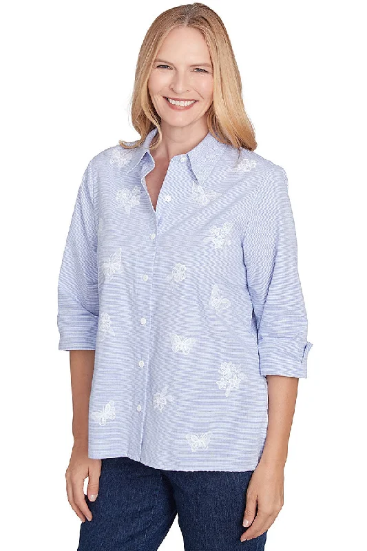 Comfort Fit Embroidered Butterflies Striped Shirt