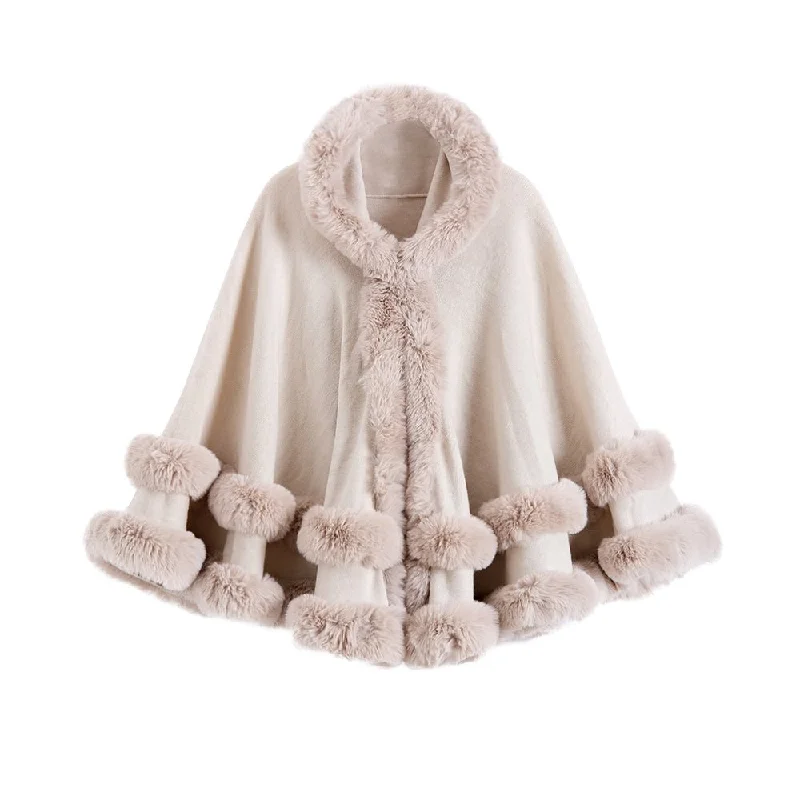 Urban Chic Oversized Knitted Cape Outer Shawl Artificial Fur Collar Hooded Warm Jacket