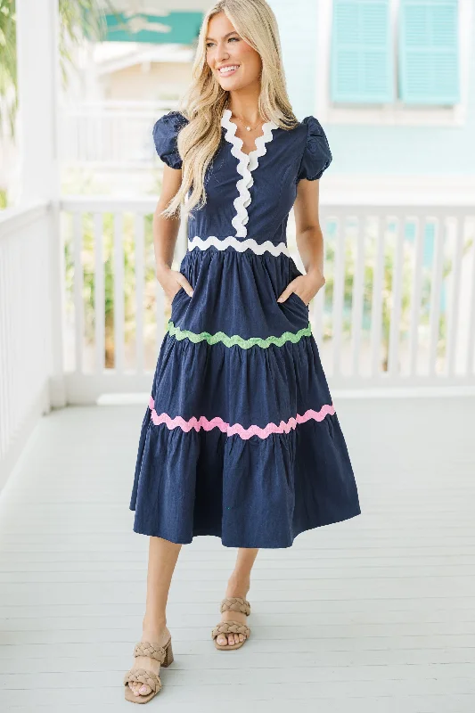 Warm Layers Life's A Party Navy Blue Rickrack Midi Dress