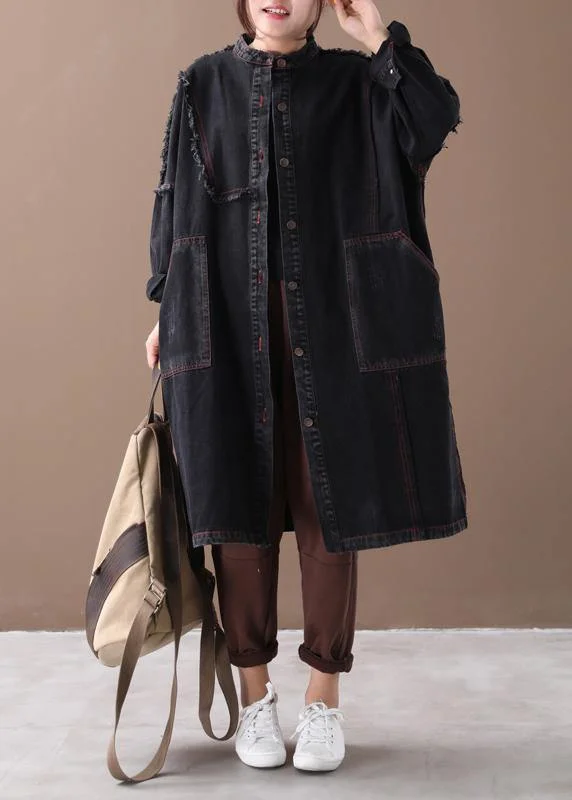 Easy Chic Chic denim black Fashion coat for woman Tutorials stand collar Button Down coats Easy Chic Chic denim black Fashion coat for woman Tutorials stand collar Button Down coats