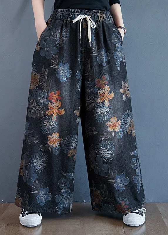 Soft Fabrics Stylish Black Oversized Print Cotton Denim Straight Pants Spring
