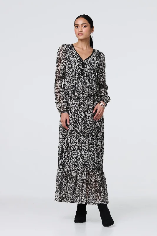Versatile Outfits Leaf Print Long Sleeve Relaxed Maxi Dress