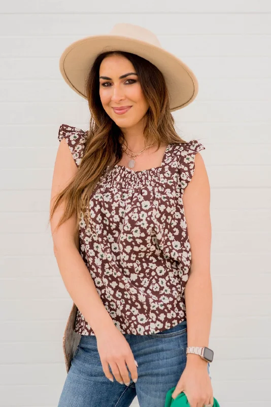 Cozy Apparel Scattered Blooms Ruche Accented Blouse