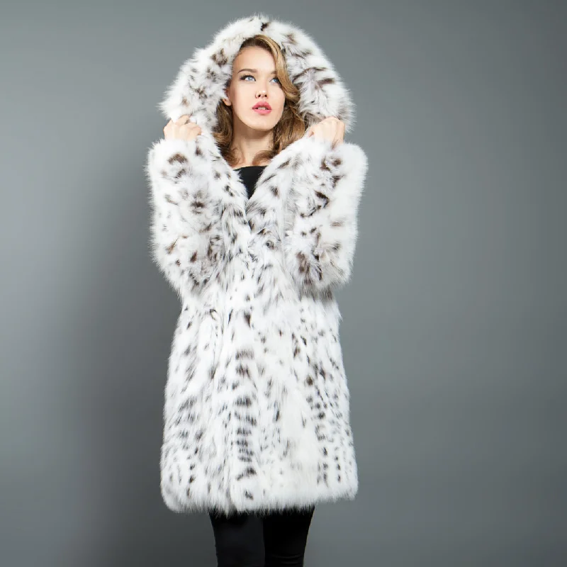 Soft Casuals White Lynx Fur Coat with Hood (bobcat)
