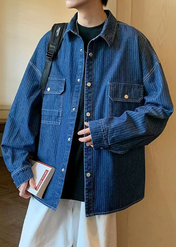 Cozy Fashion French Blue Striped Pockets Denim Mens Coats Spring