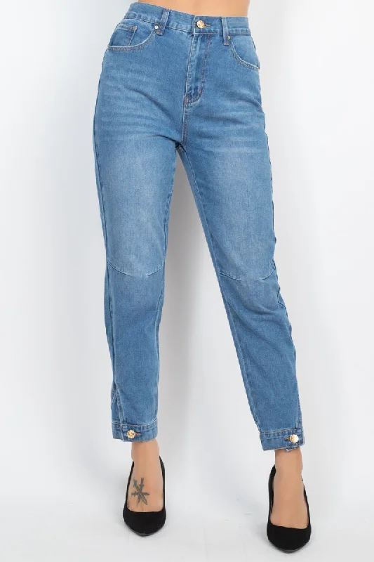 Cozy Fitting Cuffed-button Mom Jeans