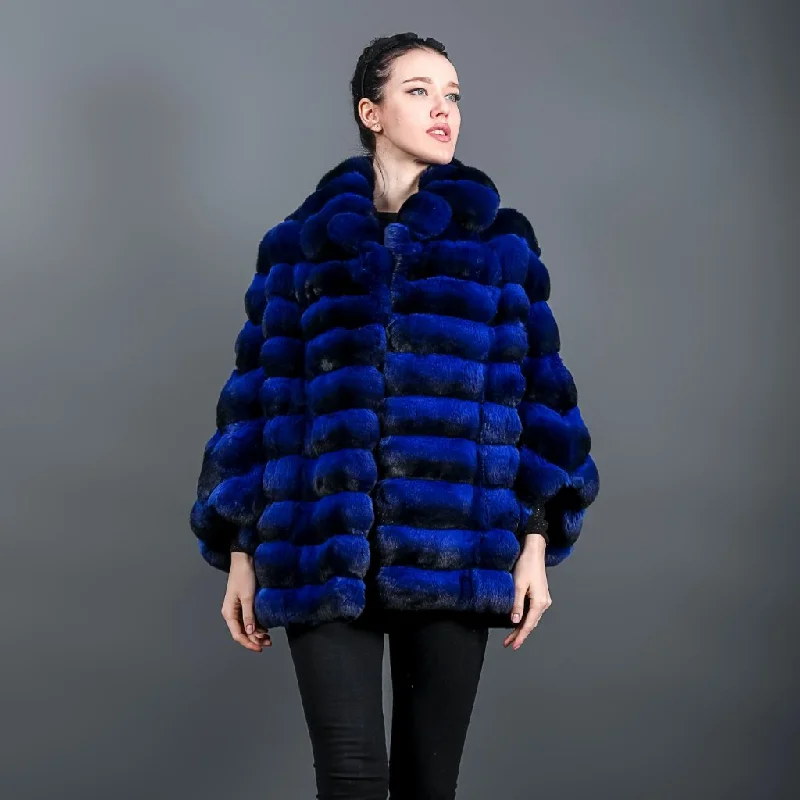Relaxed Fit Chinchilla fur women's Poncho Electric-blue