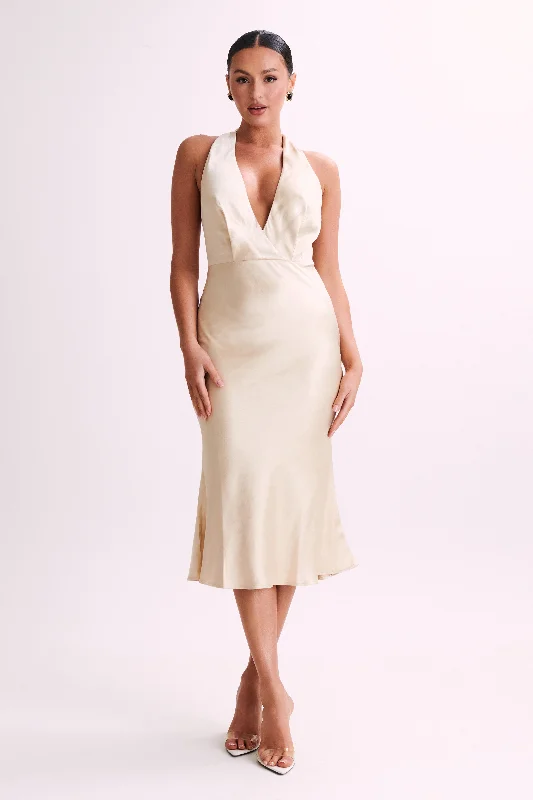 Comfy Layers Terri Satin Cowl Midi Dress - Gold