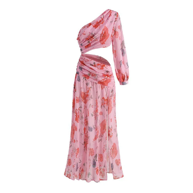 Weekend Comfort Asymmetrical One Shoulder Cutout Ruched High Split Maxi Floral Evening Dress Weekend Comfort Asymmetrical One Shoulder Cutout Ruched High Split Maxi Floral Evening Dress