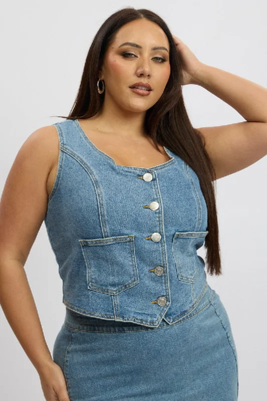 Comfortable Jackets Denim Stretch Button Through Fitted Vest