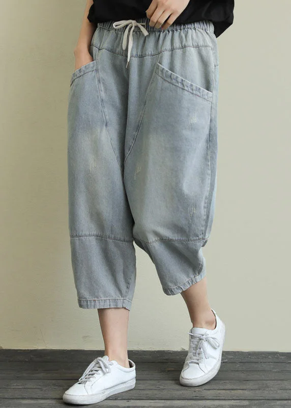 Light Dressing Unique Blue Pockets Patchwork Drawstring Denim Crop Pants Summer
