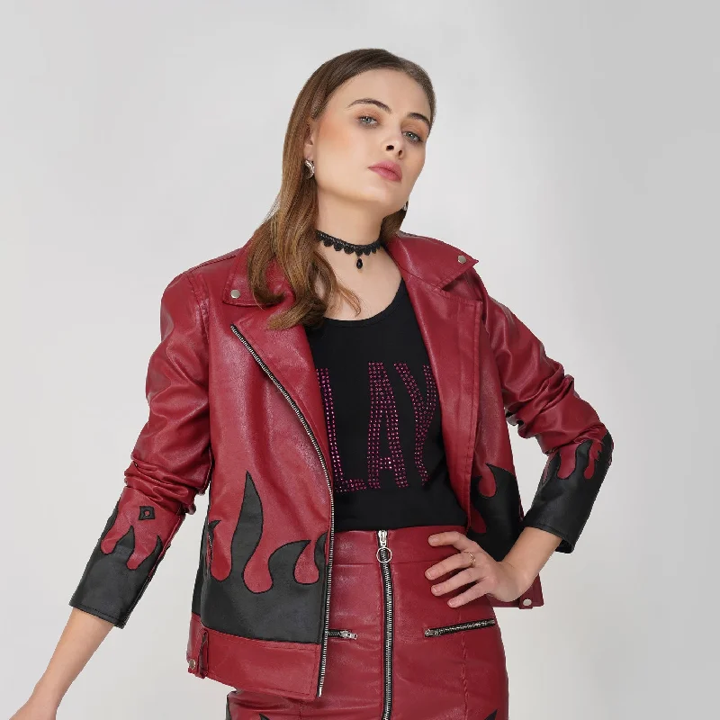 Trendy Casuals SLAY. Faux Leather Flames Jacket Red & Black