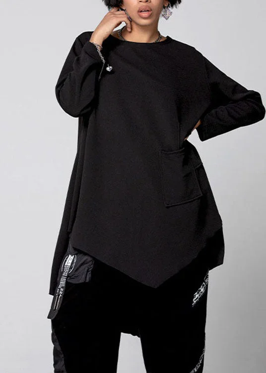 Trendy Wear Plus Size Black Asymmetrical Pockets Cotton Shirt Spring