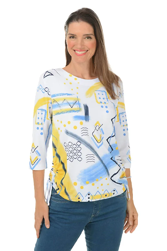 Smart Comfort Wear Petite Yellow Abstract Diamonds Side Shirred Top