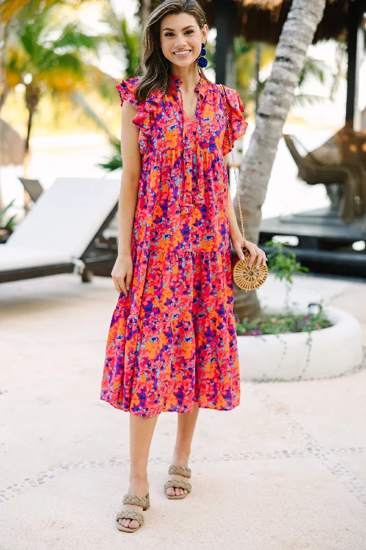 Trendy Looks It's All Clear Fuchsia Pink Floral Midi Dess