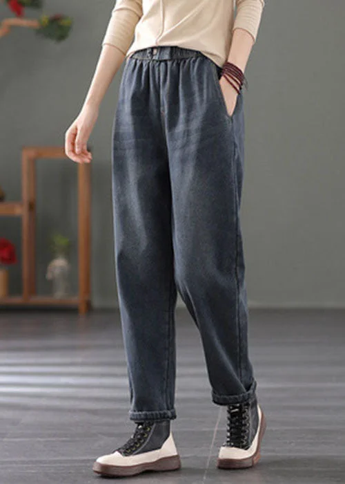 Weekend Wear Navy Warm Fleece Denim Harem Pants Elastic Waist Spring