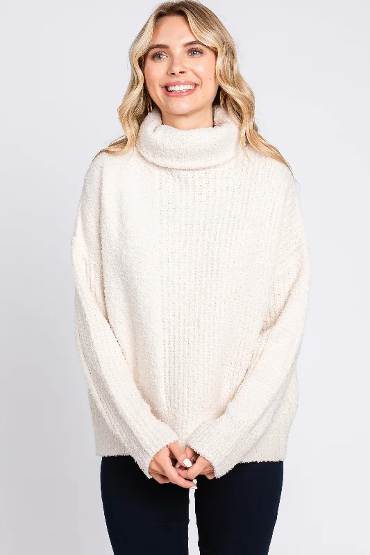 Cozy Shirts Cream Ribbed Boucle Knit Turtleneck Sweater