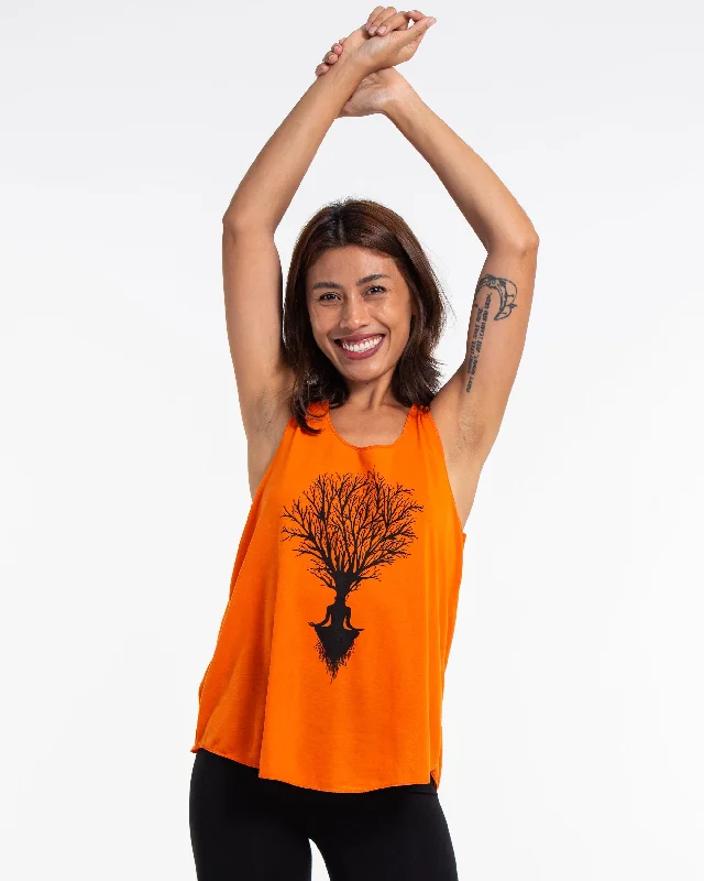 Comfy Dress Womens Meditation Tree Tank Top in Orange