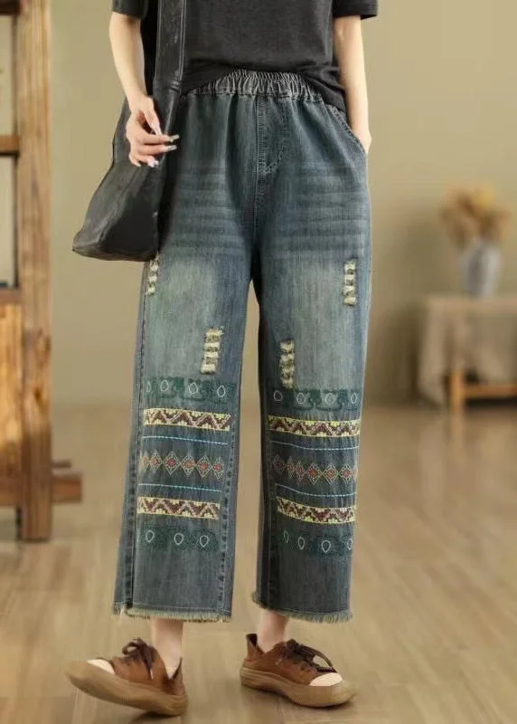Casual Fit Wear Bohemian Blue Embroidered Pockets Denim Wide Leg Pants Spring