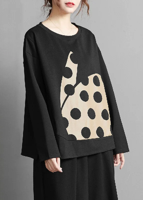 Everyday Comfort Plus Size Elegant Black Print Dot Cotton Top Spring