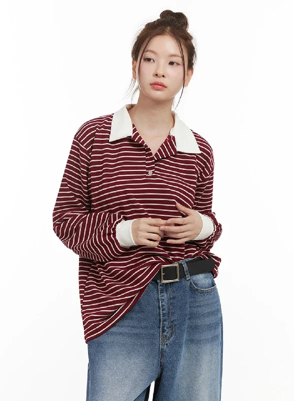 Soft Comfort Oversized Stripe Collared Long Sleeve Top IJ527