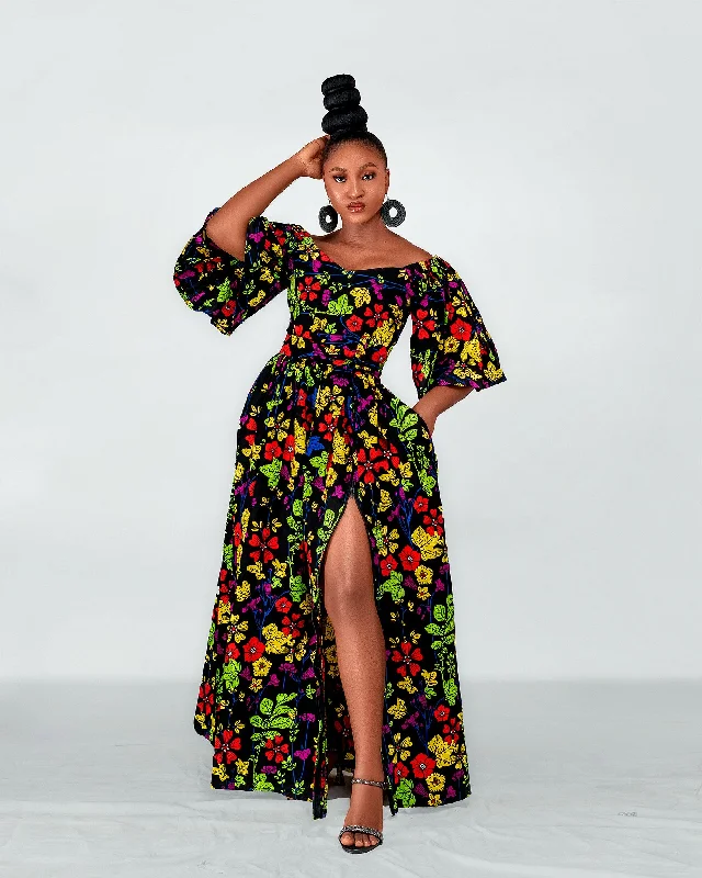 Breezy Comfort Tess Ankara Off Shoulder Maxi Dress | Green and Pink Multicolored African Print Breezy Comfort Tess Ankara Off Shoulder Maxi Dress | Green and Pink Multicolored African Print