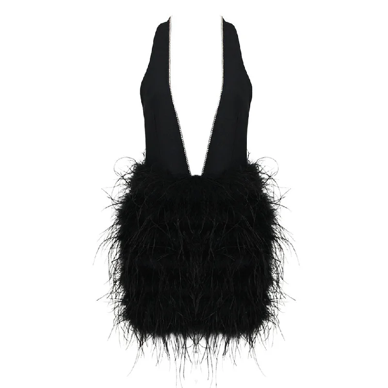 Basic Comfort Sparkly Rhinestone Plunge Halter Neck Backless Bandage Feather Mini Dress Basic Comfort Sparkly Rhinestone Plunge Halter Neck Backless Bandage Feather Mini Dress