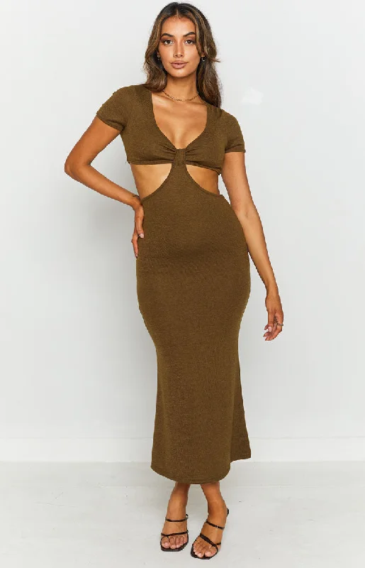 Cozy Knits Romania Cut Out Midi Dress Khaki