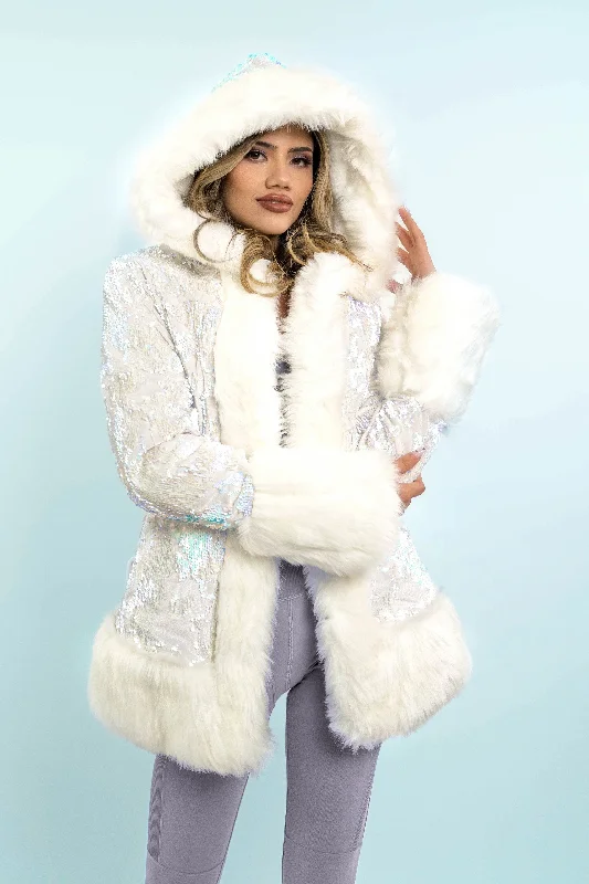 Effortless Outfits Women's Petite Playa Coat in "White Velvet Unicorn Sequin "
