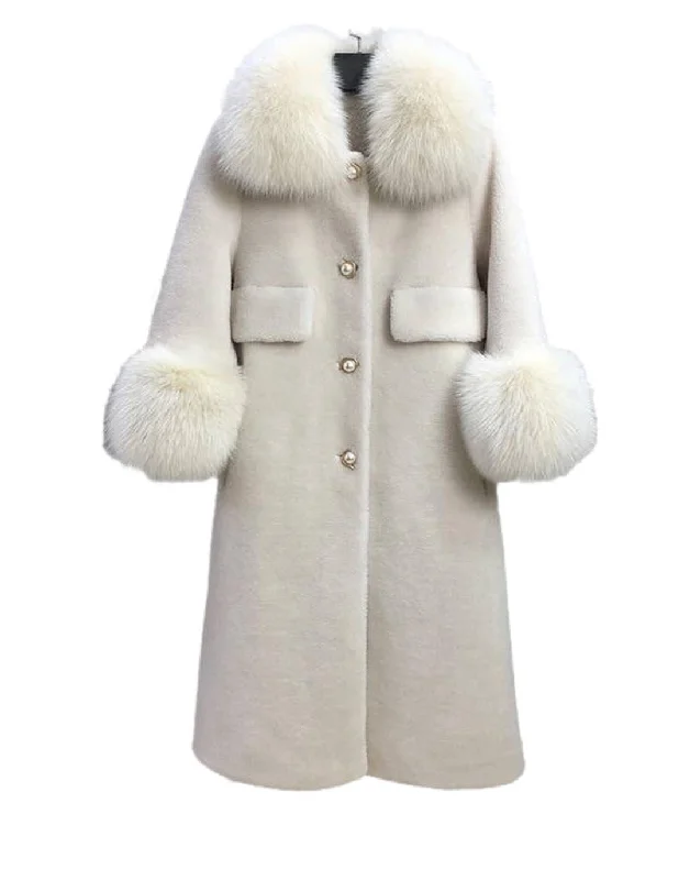 Casual Fit Wear Loose Wool Coat With Fur And Pearl Trims