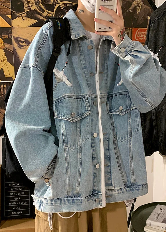 Summer Comfort Loose Light Blue Embroideried Pockets Denim Men Coat Spring